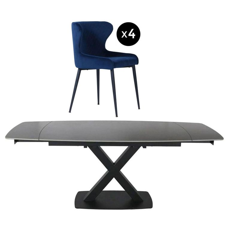 Vernal Extending Dining Set - 4-8 Seater - 140cm-200cm - Grey Sintered Stone - 4 Langley Blue Fabric Chair