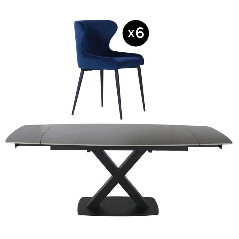Vernal Extending Dining Set - 6-8 Seater - 160cm-240cm - Grey Sintered Stone - 6 Langley Blue Fabric Chair