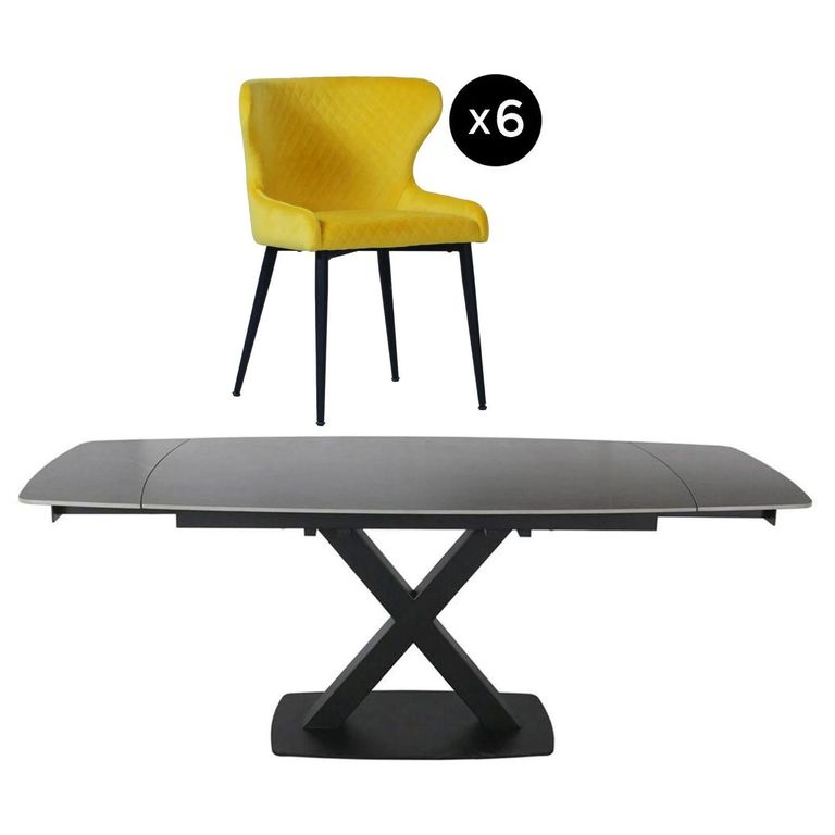 Vernal Extending Dining Set - 6-8 Seater - 160cm-240cm - Grey Sintered Stone - 6 Langley Yellow Fabric Chair