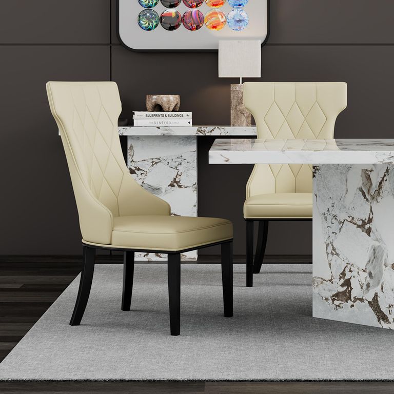 Viola White Marble Dining Set - Mimi Cream Leather Large High Back Dining Chair