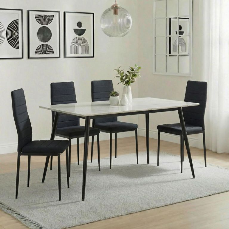 2 x Free Chairs - Breton Compact Dining Set - 4 Seater - 120cm - White Ceramic - 2x Lido Dining Chairs - Black Fabric - Black Legs