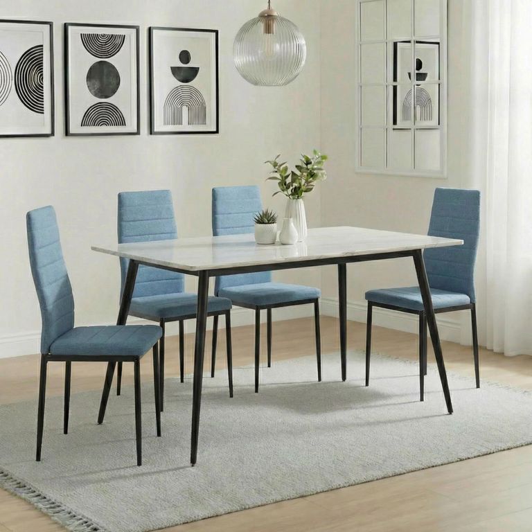 2 x Free Chairs - Breton Compact Dining Set - 4 Seater - 120cm - White Ceramic - 2x Lido Dining Chairs - Blue Fabric - Black Legs