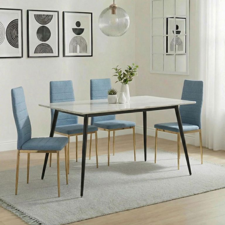 2 x Free Chairs - Breton Compact Dining Set - 4 Seater - 120cm - White Ceramic - 2x Lido Dining Chairs - Blue Fabric - Gold Legs