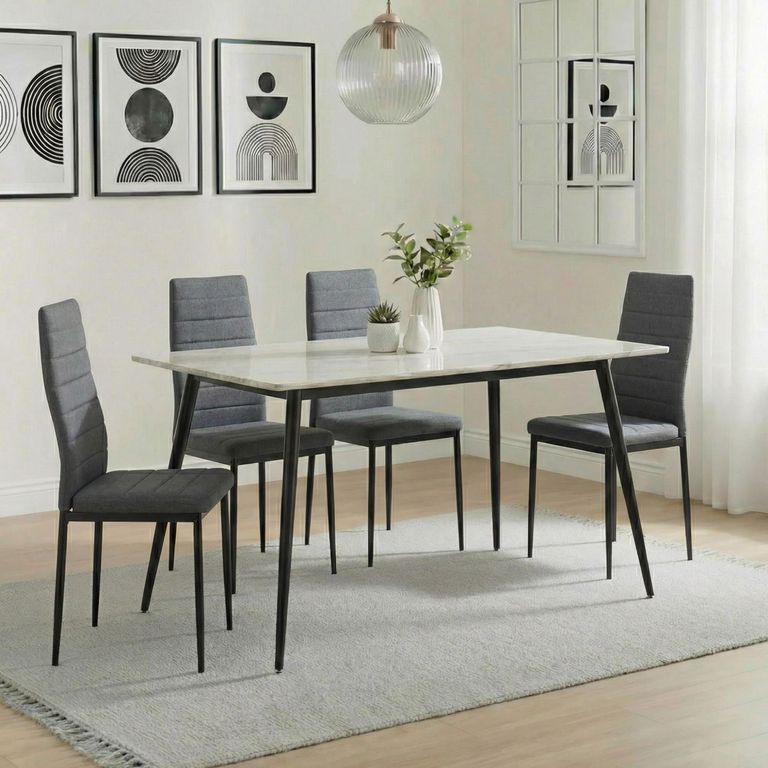 2 x Free Chairs - Breton Compact Dining Set - 4 Seater - 120cm - White Ceramic - 2x Lido Dining Chairs - Dark Grey Fabric - Black Legs