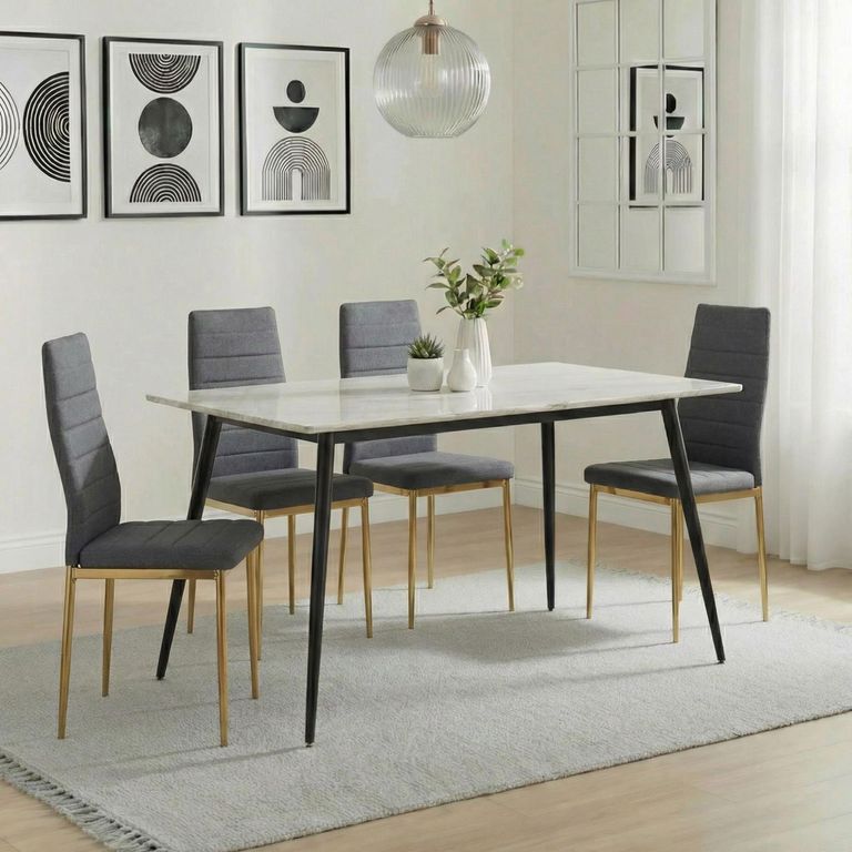 2 x Free Chairs - Breton Compact Dining Set - 4 Seater - 120cm - White Ceramic - 2x Lido Dining Chairs - Dark Grey Fabric - Gold Legs