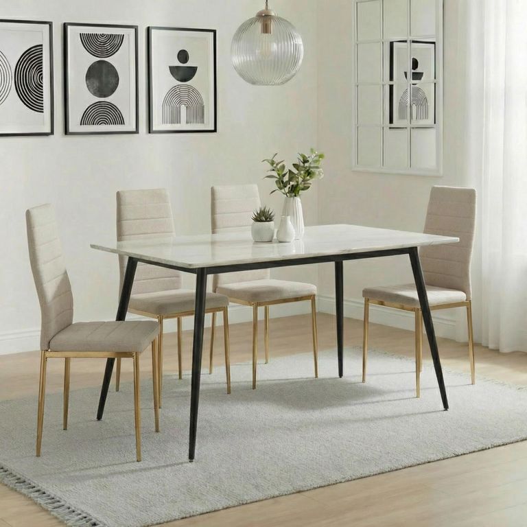 2 x Free Chairs - Breton Compact Dining Set - 4 Seater - 120cm - White Ceramic - 2x Lido Dining Chairs - Sand Fabric - Gold Legs