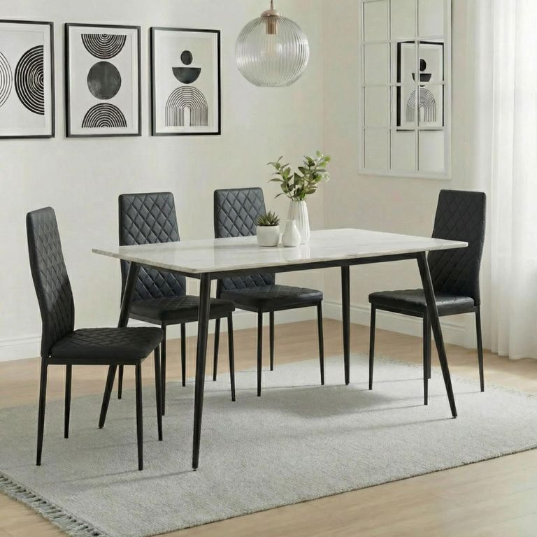 2 x Free Chairs - Breton Compact Dining Set - 4 Seater - 120cm - White Ceramic - 2x Metro Dining Chairs - Black Leather - Black Legs