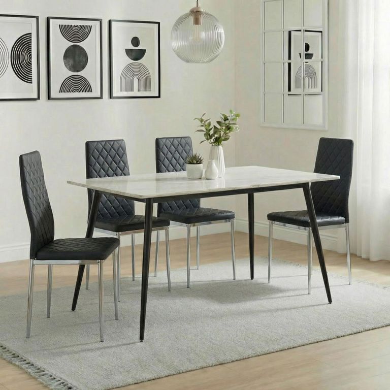 2 x Free Chairs - Breton Compact Dining Set - 4 Seater - 120cm - White Ceramic - 2x Metro Dining Chairs - Black Leather - Chrome Legs