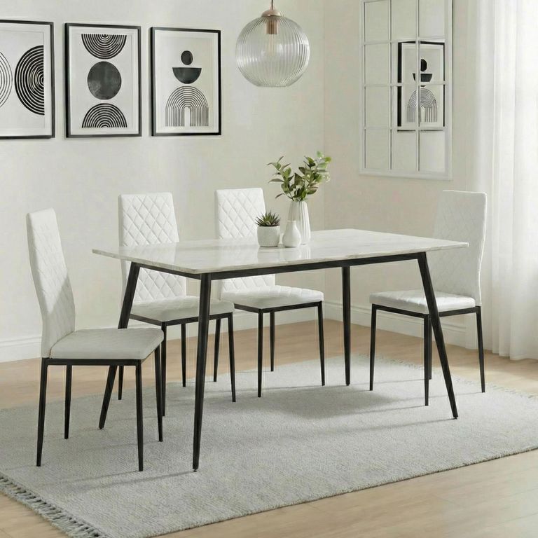 2 x Free Chairs - Breton Compact Dining Set - 4 Seater - 120cm - White Ceramic - 2x Metro Dining Chairs - White Leather - Black Legs