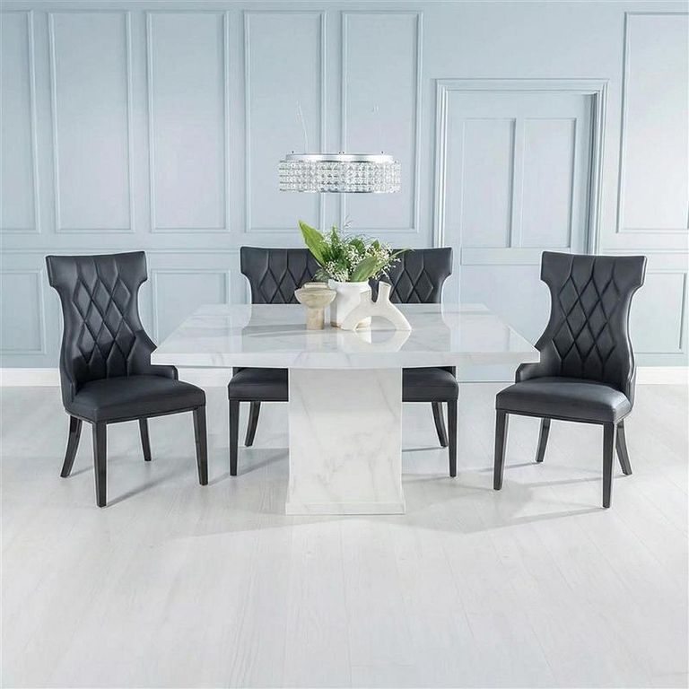 2 x Free Chairs - Turin Dining Set - 8 Seater - 140cm - Square - White Marble - Mimi Chairs - Black Faux Leather