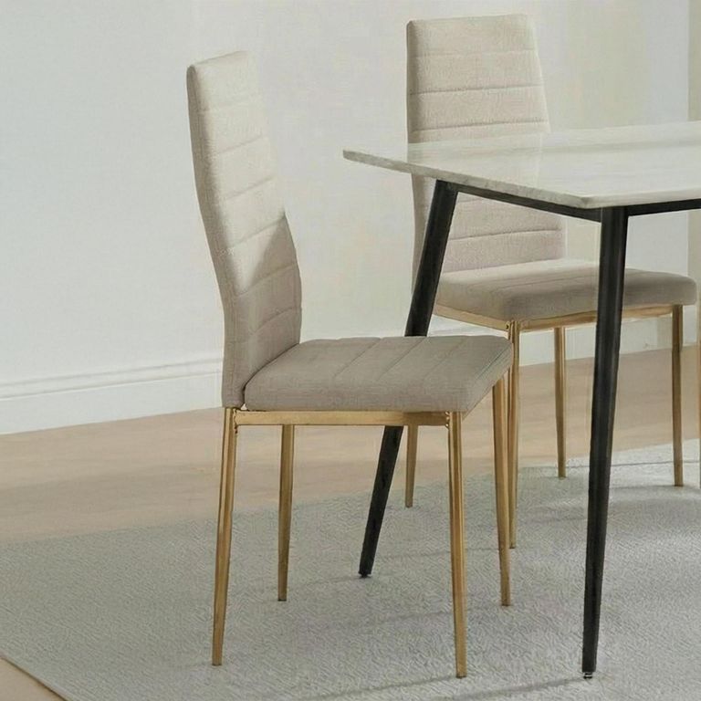 2 x Free Chairs - Breton Compact Dining Set - 4 Seater - 120cm - White Ceramic - 2x Lido Dining Chairs - Sand Fabric - Gold Legs