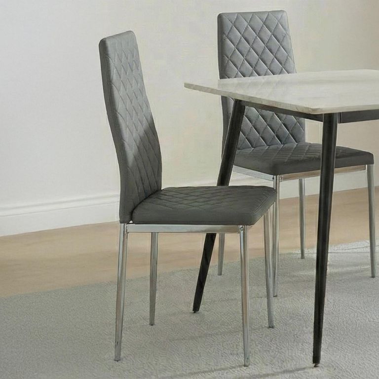 2 x Free Chairs - Breton Compact Dining Set - 4 Seater - 120cm - White Ceramic - 2x Metro Dining Chairs - Grey Leather - Chrome Legs