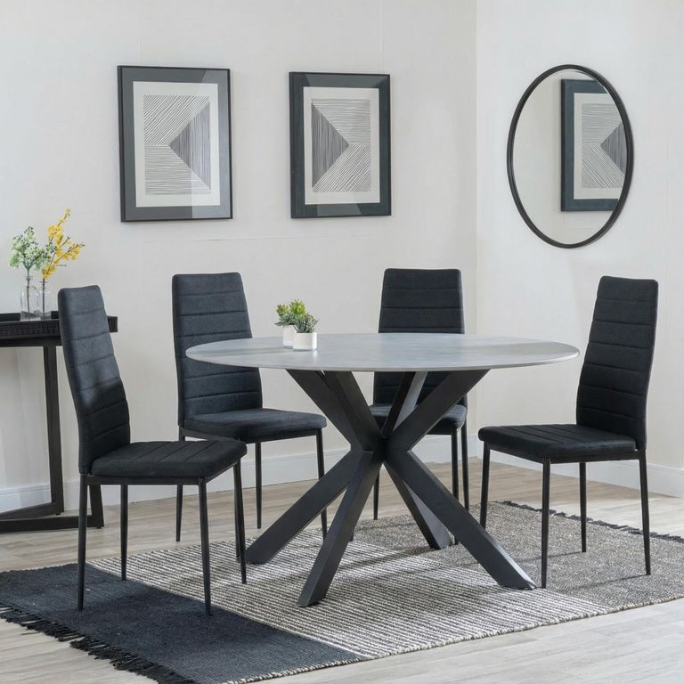 2 x Free Chairs - Novara Dining Set - 4 Seater - 130cm - Round - White Ceramic - 2x Lido Dining Chairs - Black Fabric - Black Legs