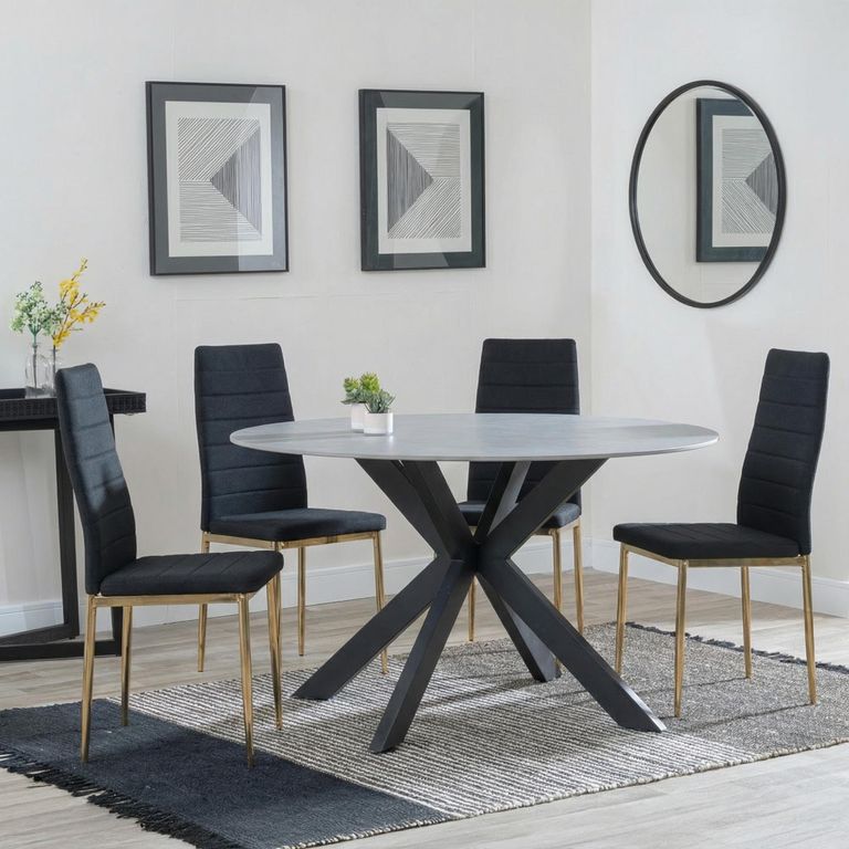 2 x Free Chairs - Novara Dining Set - 4 Seater - 130cm - Round - White Ceramic - 2x Lido Dining Chairs - Black Fabric - Gold Legs
