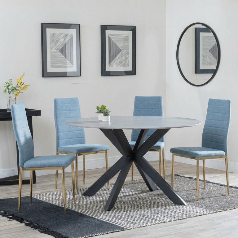 2 x Free Chairs - Novara Dining Set - 4 Seater - 130cm - Round - White Ceramic - 2x Lido Dining Chairs - Blue Fabric - Gold Legs