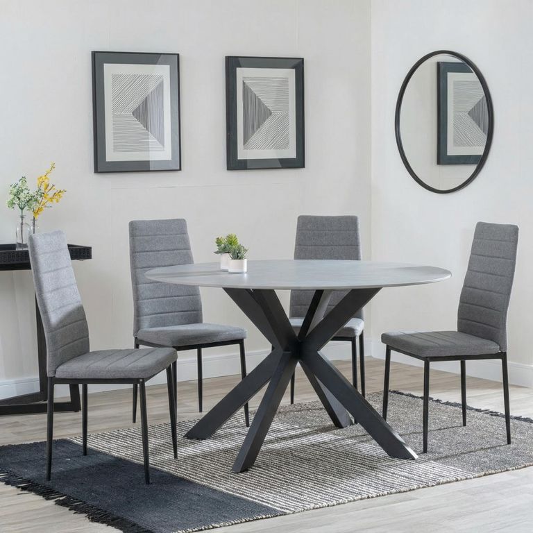 2 x Free Chairs - Novara Dining Set - 4 Seater - 130cm - Round - White Ceramic - 2x Lido Dining Chairs - Dark Grey Fabric - Black Legs