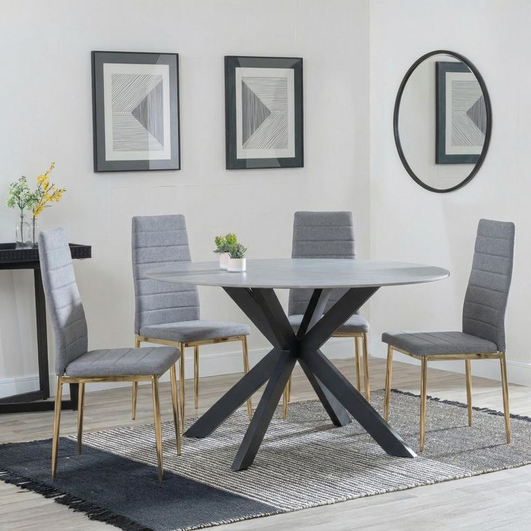 2 x Free Chairs - Novara Dining Set - 4 Seater - 130cm - Round - White Ceramic - 2x Lido Dining Chairs - Dark Grey Fabric - Gold Legs