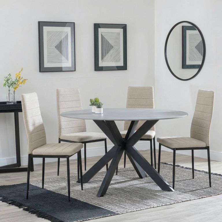 2 x Free Chairs - Novara Dining Set - 4 Seater - 130cm - Round - White Ceramic - 2x Lido Dining Chairs - Sand Fabric - Black Legs