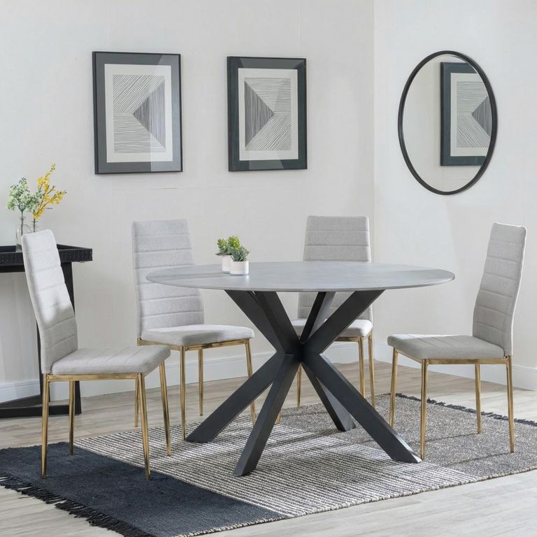 2 x Free Chairs - Novara Dining Set - 4 Seater - 130cm - Round - White Ceramic - 2x Lido Dining Chairs - Sand Fabric - Gold Legs
