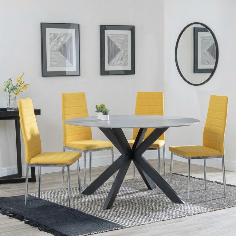 2 x Free Chairs - Novara Dining Set - 4 Seater - 130cm - Round - White Ceramic - 2x Lido Dining Chairs - Yellow Fabric - Chrome Legs