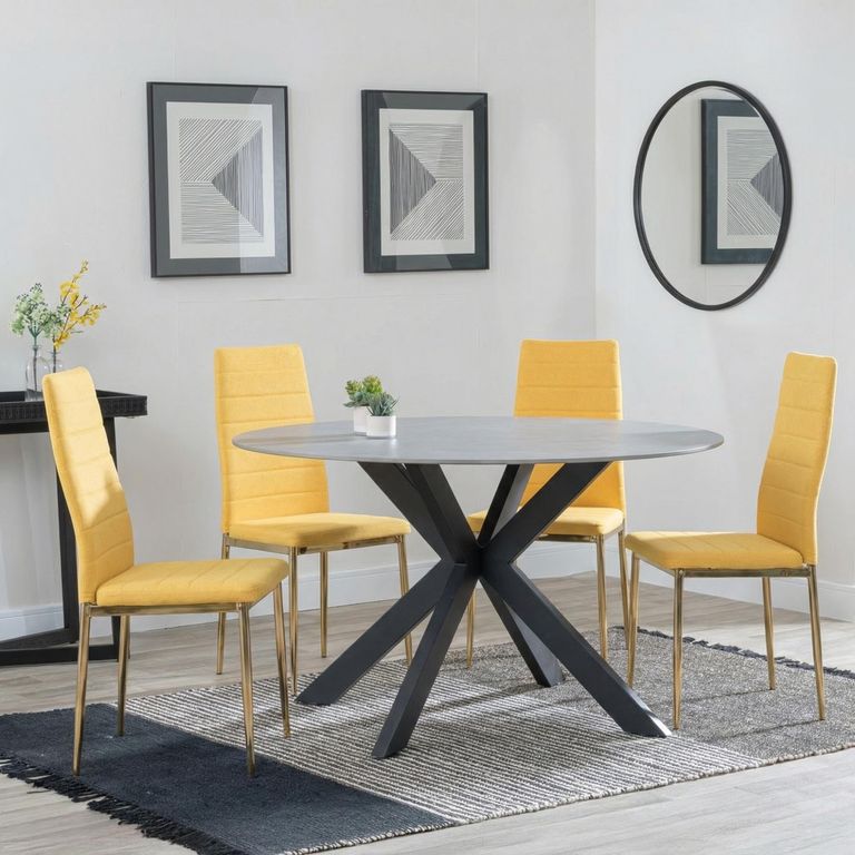 2 x Free Chairs - Novara Dining Set - 4 Seater - 130cm - Round - White Ceramic - 2x Lido Dining Chairs - Yellow Fabric - Gold Legs