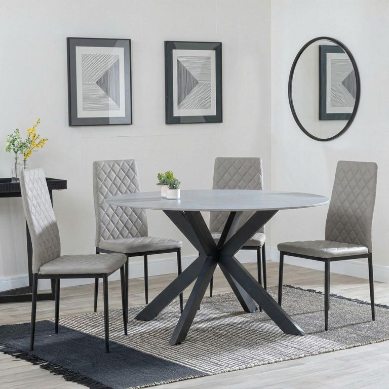 2 x Free Chairs - Novara Dining Set - 4 Seater - 130cm - Round - White Ceramic - 2x Metro Dining Chairs - Beige Leather - Black Legs