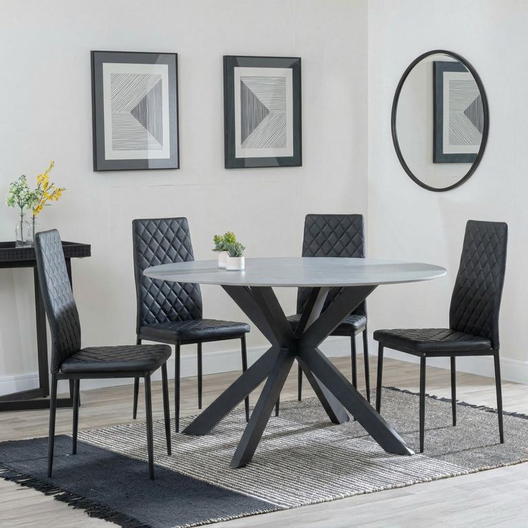 2 x Free Chairs - Novara Dining Set - 4 Seater - 130cm - Round - White Ceramic - 2x Metro Dining Chairs - Black Leather - Black Legs