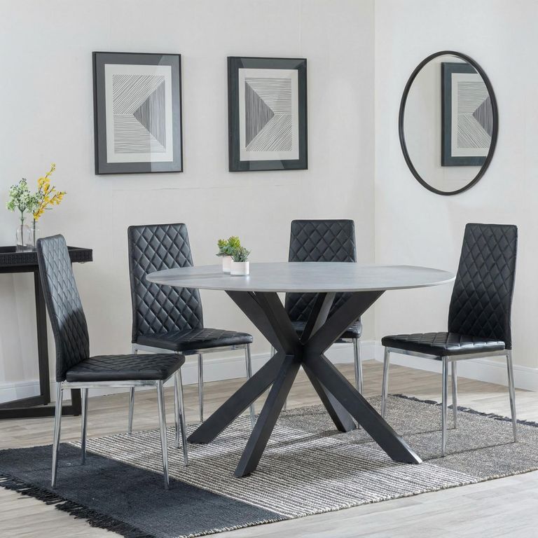2 x Free Chairs - Novara Dining Set - 4 Seater - 130cm - Round - White Ceramic - 2x Metro Dining Chairs - Black Leather - Chrome Legs