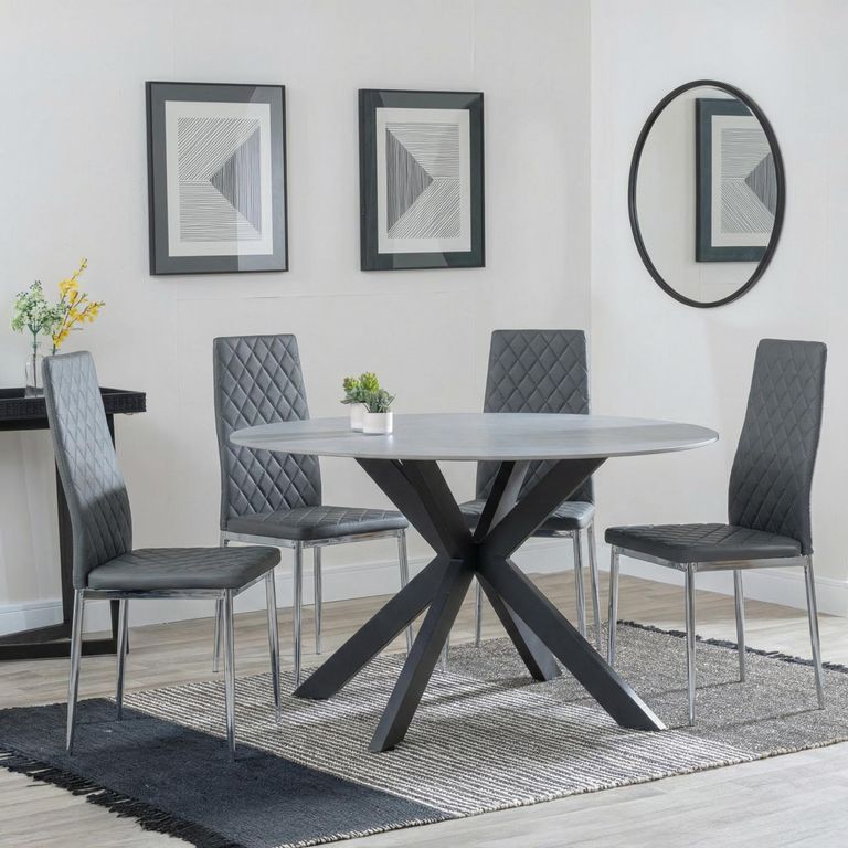 2 x Free Chairs - Novara Dining Set - 4 Seater - 130cm - Round - White Ceramic - 2x Metro Dining Chairs - Grey Leather - Chrome Legs
