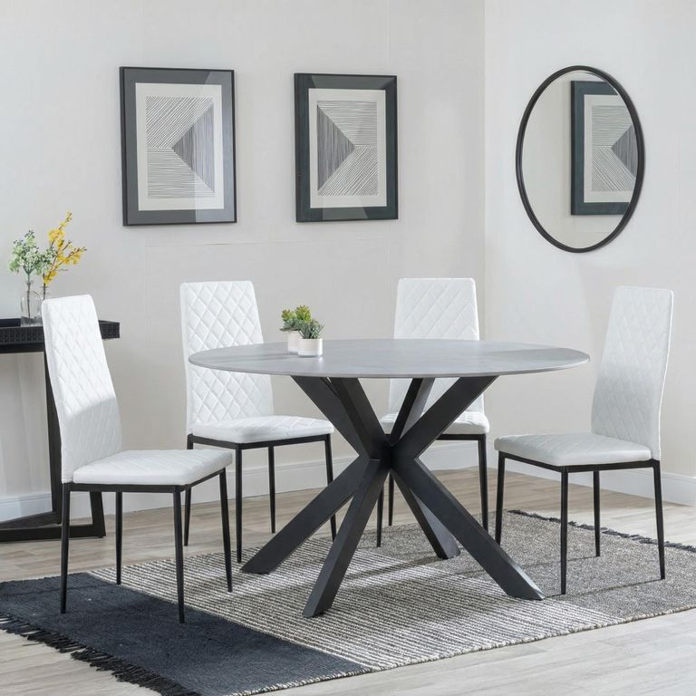 2 x Free Chairs - Novara Dining Set - 4 Seater - 130cm - Round - White Ceramic - 2x Metro Dining Chairs - White Leather - Black Legs
