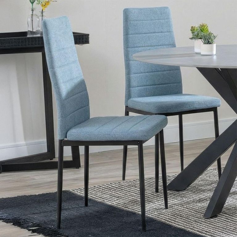 2 x Free Chairs - Novara Dining Set - 4 Seater - 130cm - Round - White Ceramic - 2x Lido Dining Chairs - Blue Fabric - Black Legs