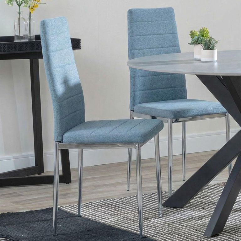 2 x Free Chairs - Novara Dining Set - 4 Seater - 130cm - Round - White Ceramic - 2x Lido Dining Chairs - Blue Fabric - Chrome Legs