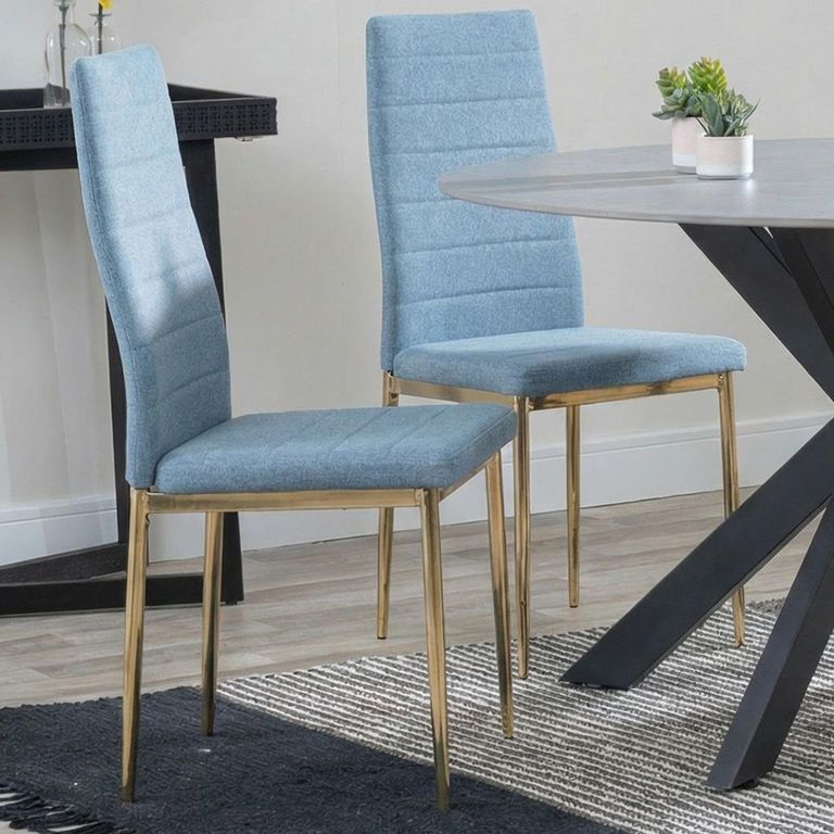 2 x Free Chairs - Novara Dining Set - 4 Seater - 130cm - Round - White Ceramic - 2x Lido Dining Chairs - Blue Fabric - Gold Legs
