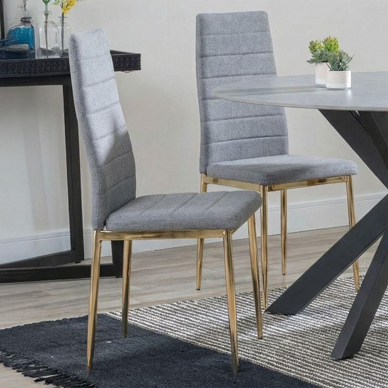 2 x Free Chairs - Novara Dining Set - 4 Seater - 130cm - Round - White Ceramic - 2x Lido Dining Chairs - Dark Grey Fabric - Gold Legs