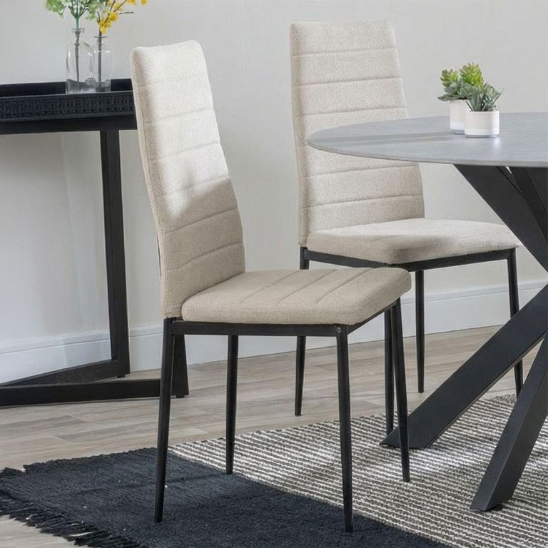2 x Free Chairs - Novara Dining Set - 4 Seater - 130cm - Round - White Ceramic - 2x Lido Dining Chairs - Sand Fabric - Black Legs