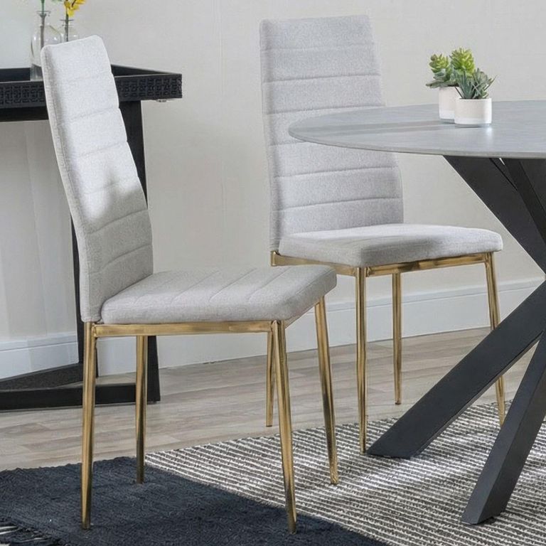 2 x Free Chairs - Novara Dining Set - 4 Seater - 130cm - Round - White Ceramic - 2x Lido Dining Chairs - Sand Fabric - Gold Legs