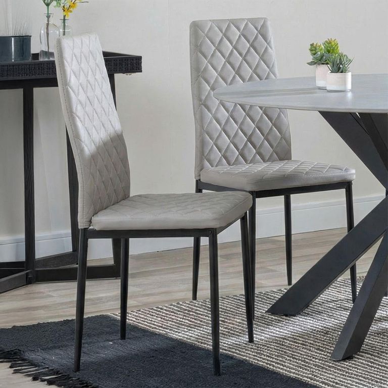 2 x Free Chairs - Novara Dining Set - 4 Seater - 130cm - Round - White Ceramic - 2x Metro Dining Chairs - Beige Leather - Black Legs