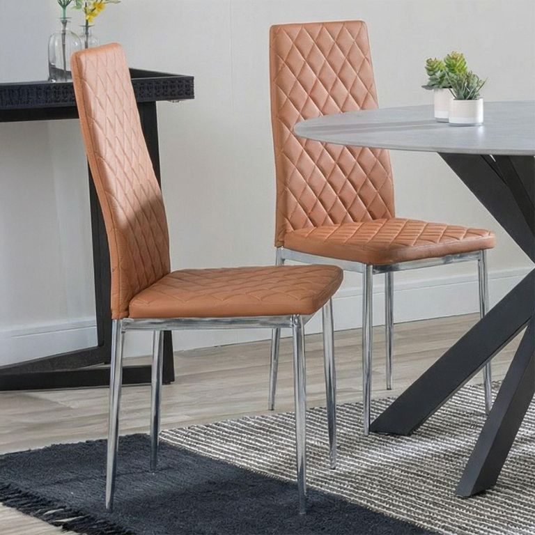 2 x Free Chairs - Novara Dining Set - 4 Seater - 130cm - Round - White Ceramic - 2x Metro Dining Chairs - Burnt Orange Leather - Chrome Legs