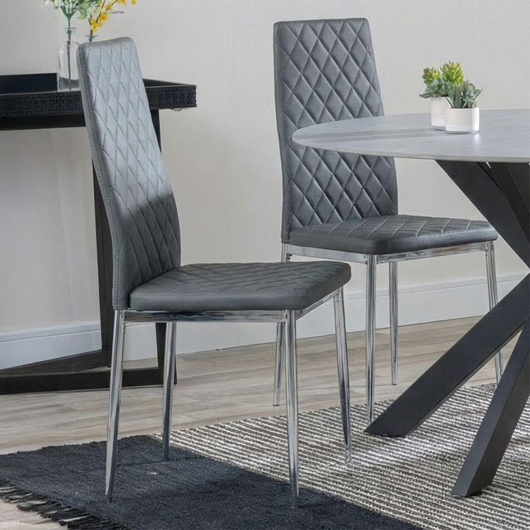 2 x Free Chairs - Novara Dining Set - 4 Seater - 130cm - Round - White Ceramic - 2x Metro Dining Chairs - Grey Leather - Chrome Legs