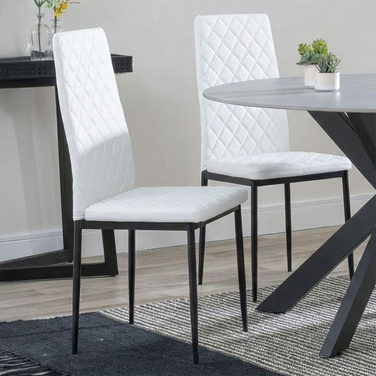 2 x Free Chairs - Novara Dining Set - 4 Seater - 130cm - Round - White Ceramic - 2x Metro Dining Chairs - White Leather - Black Legs