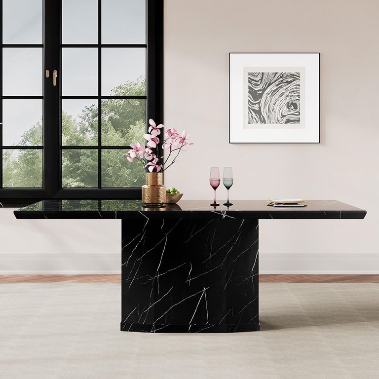 Naples Dining Set - 6 Seater - 160cm - Black Marble - Cadiz Dining Chairs - Grey Leather
