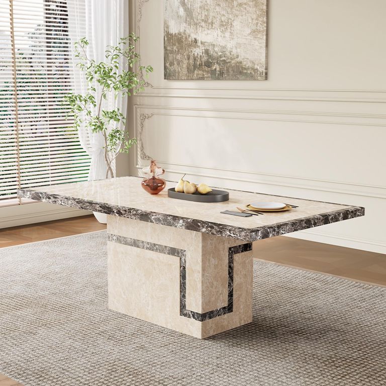 Venice Dining Set - 6 Seater - 160cm - Cream Marble - Paris Dining Chairs - Taupe Leather - Brown Legs