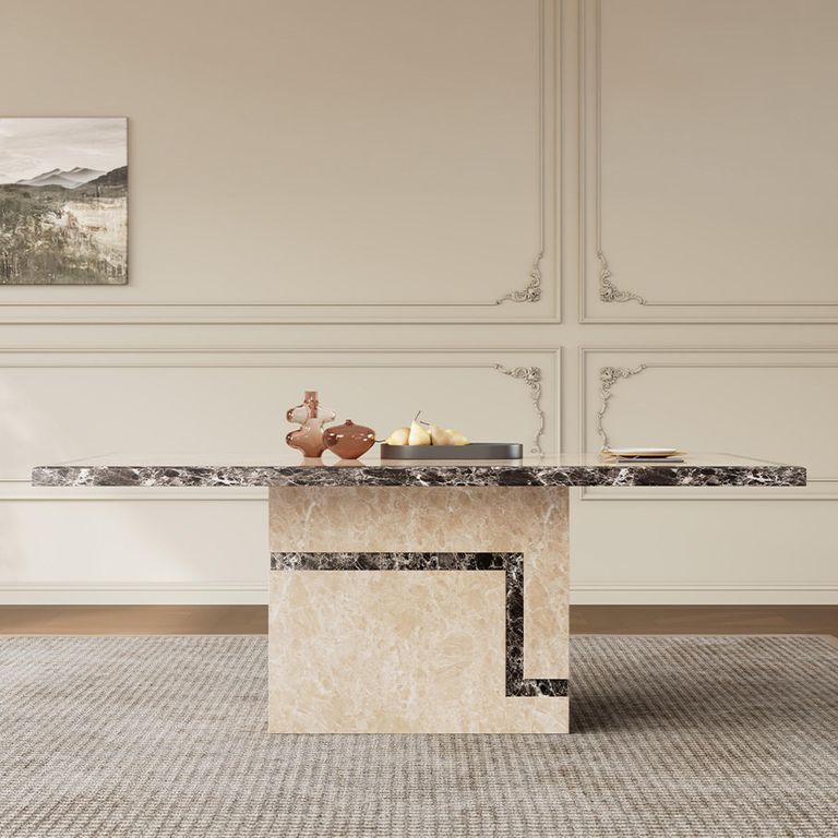 Venice Dining Set - 6 Seater - 160cm - Cream Marble - Paris Dining Chairs - Taupe Leather - Brown Legs