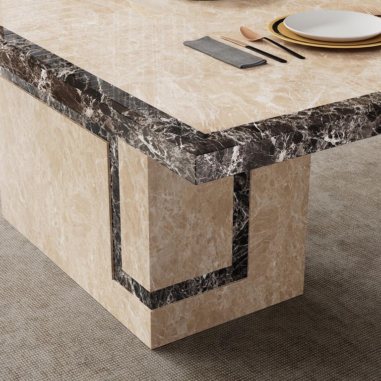 Venice Dining Set - 6 Seater - 160cm - Cream Marble - Paris Dining Chairs - Taupe Leather - Brown Legs