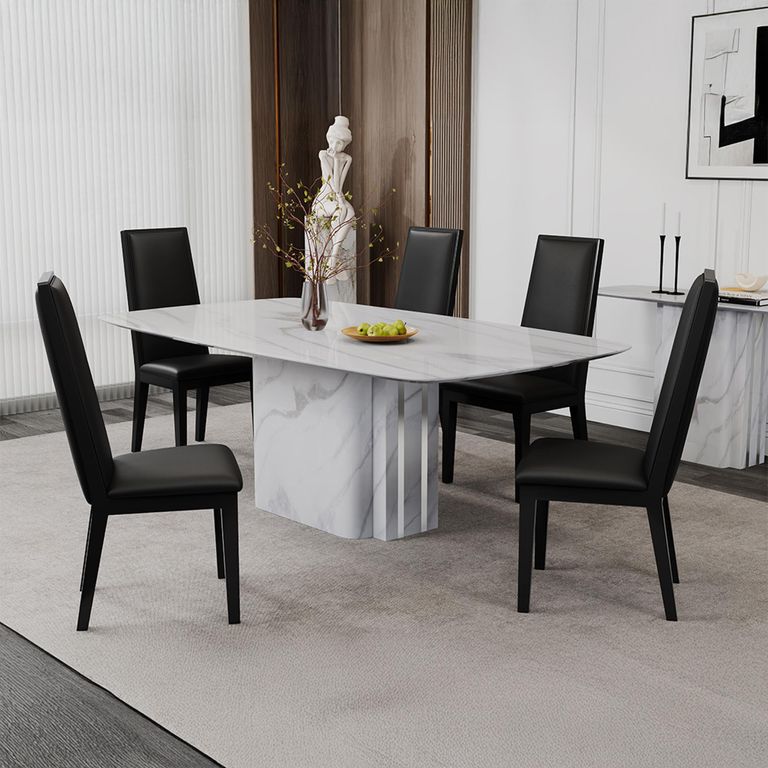 Antonio Dining Table - 8 Seater - 180cm - White Marble - Elite Dining Chair - Black Leather