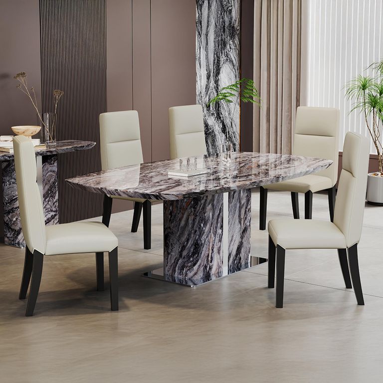 Saronno Dining Table - 8 Seater - 180cm - Grey Marble - Venezia Dining Chair - Cream Leather