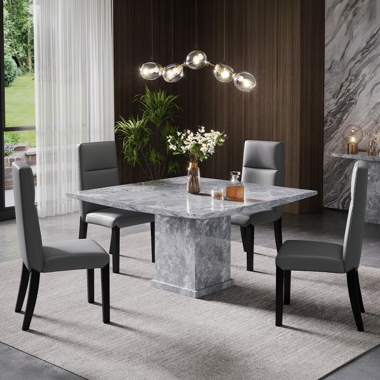 Turin Dining Set - 8 Seater - 140cm - Square - Grey Marble - Venezia Dining Chairs - Grey Leather