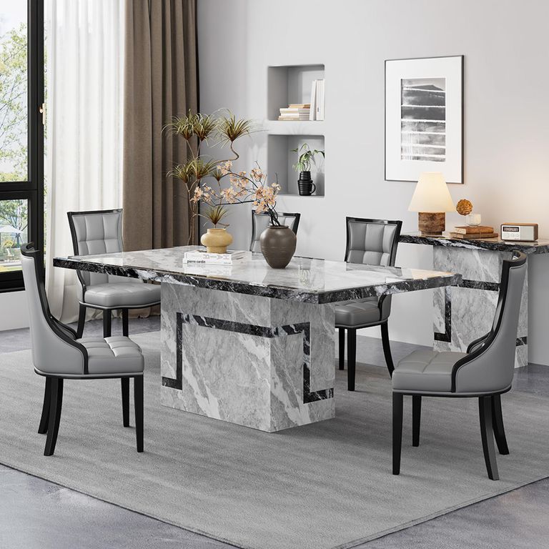 Venice Dining Set - 6 Seater - 160cm - Grey Marble - Paris Dining Chairs - Grey Leather