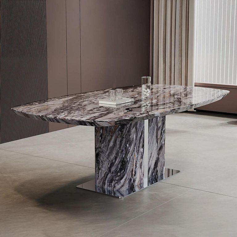 Saronno Dining Table - 8 Seater - 180cm - Grey Marble - Venezia Dining Chair - Cream Leather