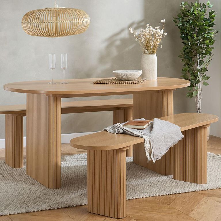Axel Oval Dining Set - 6 Seater - 160cm - with 2 Benches - Oak Fluted